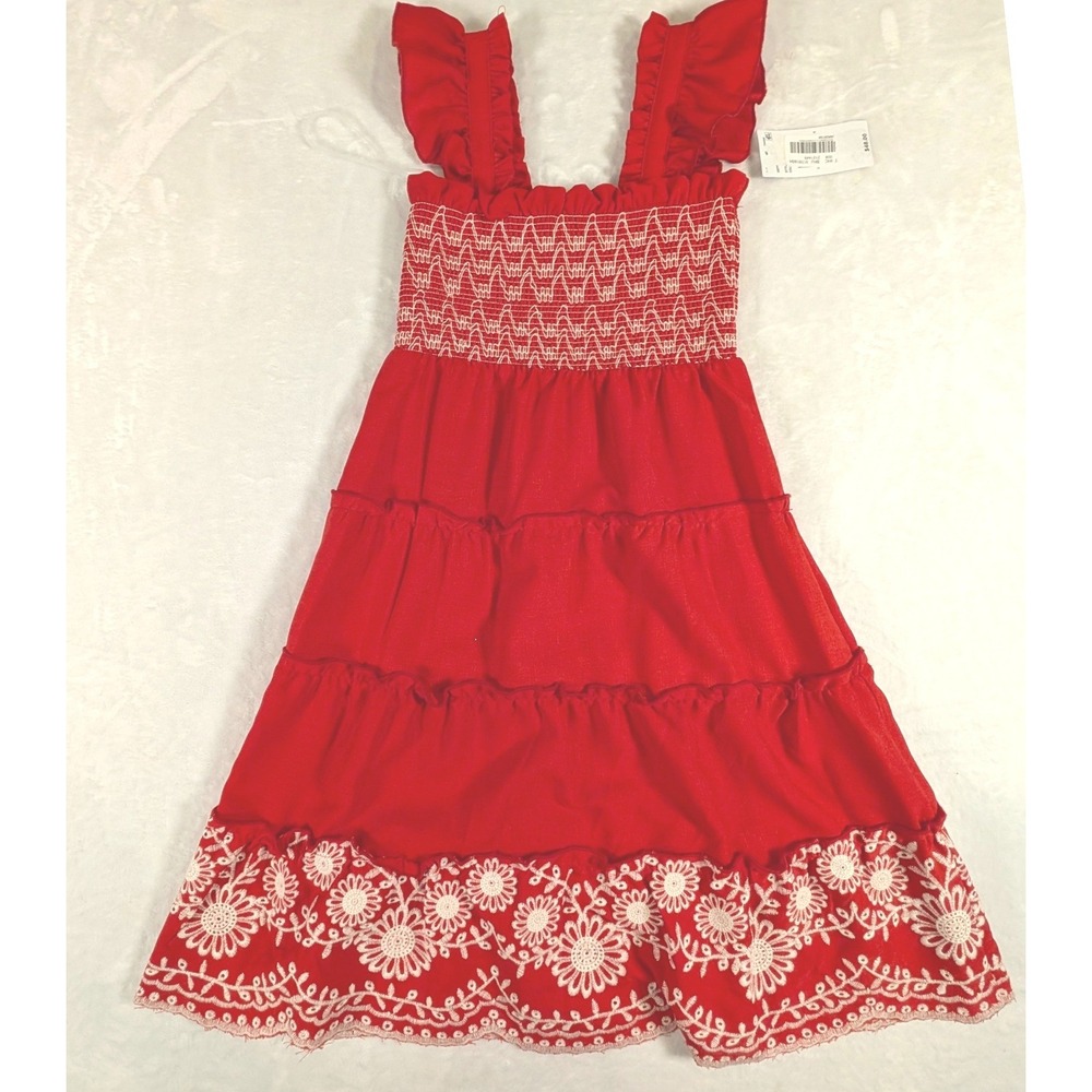 In Girl Kids Red Smocked Tiered Dress Floral Embroidered Hem Size 5 NWT - Picture 2 of 7